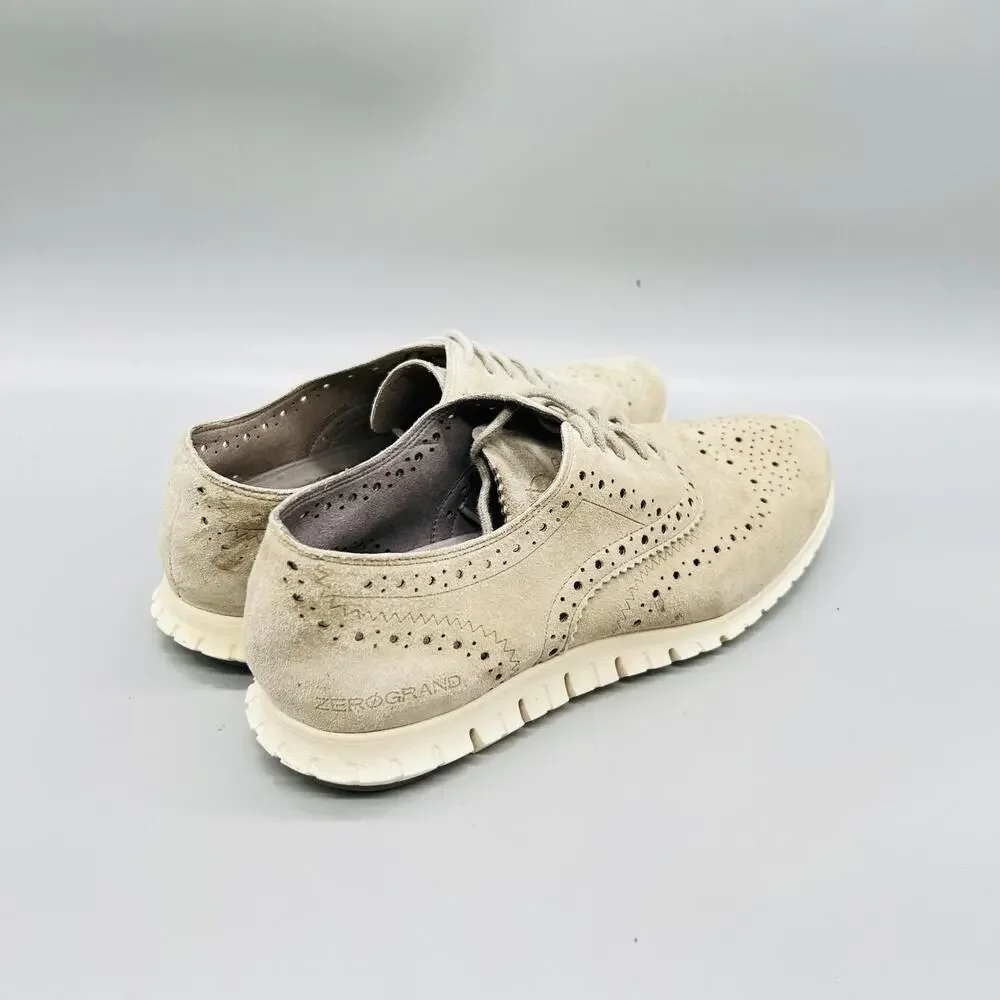 Cole Haan Shoes Womens 6.5 Beige Suede Zerogrand Wingtip Flats Lace Up Comfort